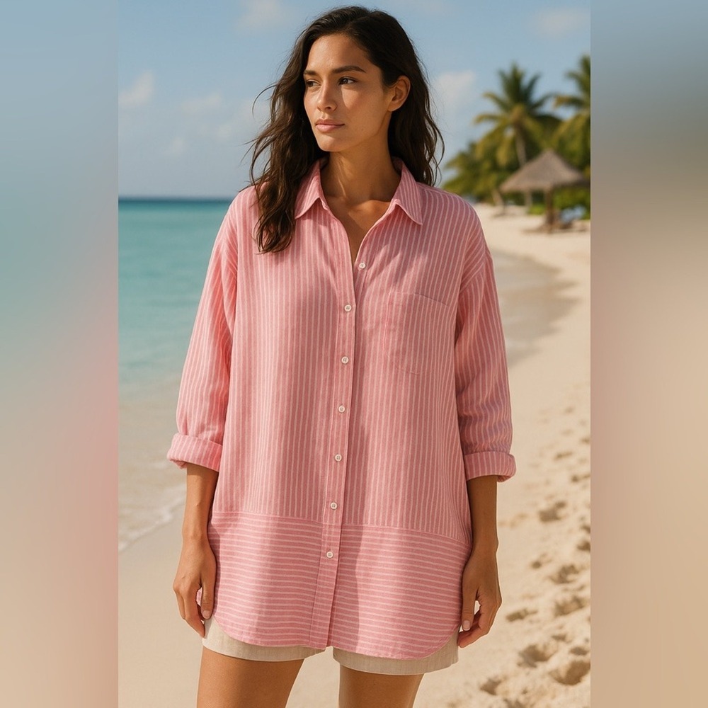 Chico's Size 0 / Small Coral Pink White Striped Cotton Button Down Shirt Resort